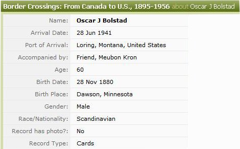  1941 Border Cross Summary OJ Bolstad 